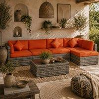 Wyld Haus Yodosu 6 Seater Grey PE Rattan Outdoor Corner Sofa Set Orange Cushions