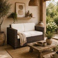 Wyld Haus Sese Brown 2 Seater Rattan Outdoor Sofa with White Cushions