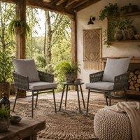 Wyld Haus Grey 3 Piece Rattan Bistro Set 2 Chairs Cushions & Glass Table