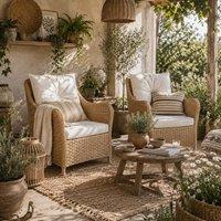 Wyld Haus Rera Beige Set of 2 Rattan Outdoor Armchairs Cushions & High Back