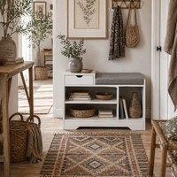 Wyld Haus Norata White Shoe Bench Grey Cushioned Seat & Multi Compartments