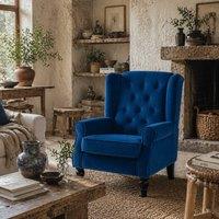 Wyld Haus Topano Blue Velvet Feel Wingback Accent Armchair Diamond Button Tufted