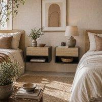Wyld Haus Sebato Set of 2 Oak Tone Floating Bedside Tables Drawer & Shelf in Black