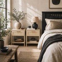 Wyld Haus Dilamo Set of 2 Farmhouse Bedside Tables Rattan Drawer & Open Shelf in Natural