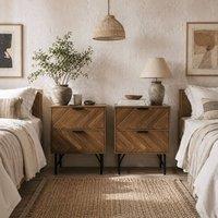Wyld Haus Vira Walnut Brown Set of 2 Bedside Tables Chevron Herringbone Pattern