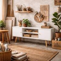 Wyld Haus Vido 120cm White TV Cabinet Open Shelves & Wooden Legs