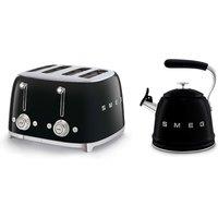 Smeg WKF01, TSF03 Whistling Stovetop Kettle & 4-Slice Toaster Set in Black