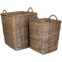 Red Hamper Set of 2 Tall Square Lined Wicker Log Basket With Hessian Lining in Brown