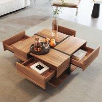 Merax Square Coffee Table with 4 Drawers & Storage Shelf in Natural