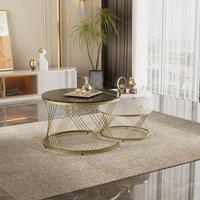 Merax 2 Piece Round Nesting Coffee Table Set with Gold Frame in Black