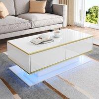 Merax 100cm High-Gloss Coffee Table with Gold Accents, 3 Drawers & LED in White