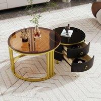 Merax Modern 2-Piece Nesting Coffee Table Set with Tempered Glass & Drawers in Black