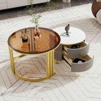 Merax Modern 2-Piece Nesting Coffee Table Set with Tempered Glass & Drawers in Grey