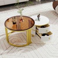Merax Modern 2-Piece Nesting Coffee Table Set with Tempered Glass & Drawers in White