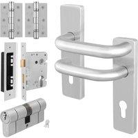 AFIT Satin Steel Lever Backplate, Euro Lock Double Cylinder Hinges in Silver | Size: 150mm x 150mm