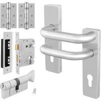 AFIT Satin Steel Lever Backplate, Euro Lock Thumb Turn Cylinder Hinges in Silver | Size: 150mm x 150mm