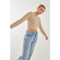 Pink Vanilla Women's Cropped Knit Jumper in Stone | Size: Medium/Large
