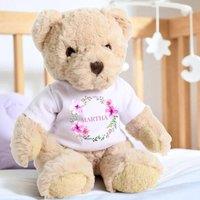 Aye Do Gifts Women's Personalised Luxury Teddy Bear with Pink Flower Wreath T-Shirt in Beige
