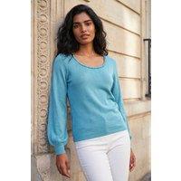 Roman Women's Square Neck Pearl Trim Knit Jumper in Light Blue | Size: 18