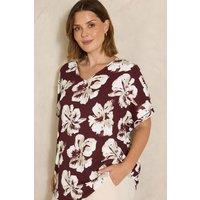 Evans Women's Floral V-Neck Top in Dark Red | Size: 22-24