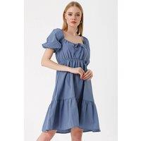 Big Dart Women's Square Neck A-Form Mini Dress with Bow in Blue | Size: Large