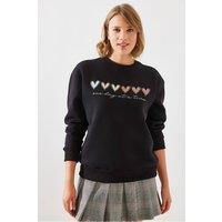 Bianco Lucci Women's Heart Print Crew Neck Sweatshirt in Black | Size: Small