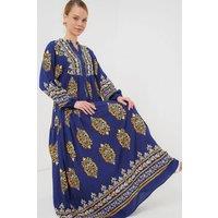 Big Dart Women's Printed V-Neck Maxi Dress with Button Closure in Dark Indigo | Size: Medium