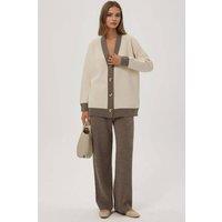 Hiccup Women's Buttoned Cardigan & Textured High Waist Knit Pants Co-Ord Set in Cream | Size: Large