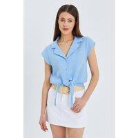 MixRay Women's Crop Shirt with Bow Detail in Baby Blue | Size: Large