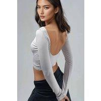 Busem Women's Slim Fit Cropped Blouse with Back Cut-Out in Stone | Size: Large