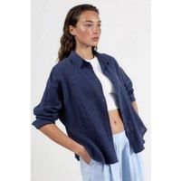 Busem Women's Textured Woven Cotton Button-Up Shirt in Navy | Size: Large