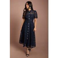 Coast Women's Petite Floral Lace Collared Midi Dress in Navy | Size: 10