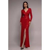 Goddiva Women's Glitter Sparkling Long Sleeve Wrap Maxi Dress in Red | Size: 12