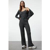 WOVCOR Women's 3-Piece Knit Cardigan, Top & Pants Set in Dark Grey | Size: Large