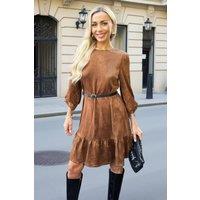 AX Paris Women's Tan Faux Suede 3/4 Sleeve Frill Hem Belted Mini Dress | Size: 12