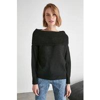 WOVCOR Women's Off Shoulder Ribbed Knit Jumper with Folded Neck Detail in Black | Size: Medium