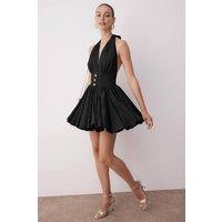 WOVCOR Women's Halter Neck Flared Mini Dress with Button Detail in Black | Size: XS