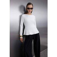 WOVCOR Women's Boat Neck Peplum Long Sleeve Knit Blouse in Ecru | Size: XS