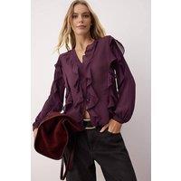 WOVCOR Women's Ruffled Boho Style Button-Up Shirt in Burgundy | Size: 10
