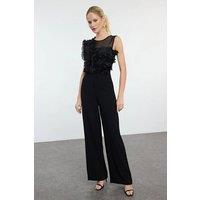 WOVCOR Women's Ruffle Mesh Bodice Sleeveless Wide Leg Jumpsuit in Black | Size: 10