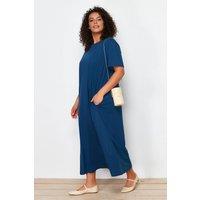 WOVCOR Women's Crew Neck Relaxed Fit T-Shirt Maxi Dress with Pockets in Navy | Size: 6XL