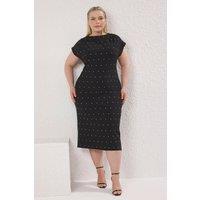 WOVCOR Women's Embellished Crew Neck Midi Bodycon Dress in Black | Size: 14