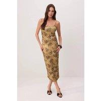 WOVCOR Women's Floral Bodycon Square Neck Sleeveless Knitted Dress in Mustard | Size: Large