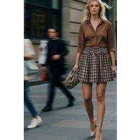 WOVCOR Women's Belted Checked Pleated Mini Skirt | Size: 10