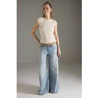 WOVCOR Women's Lace Detail Fitted Moon Sleeve Knit Blouse in Ecru | Size: Small
