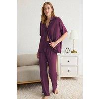 WOVCOR Women's Collar Button-Through Short Sleeve Relaxed Fit Pyjama Set in Wine | Size: Large