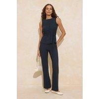 WOVCOR Women's Striped Fitted Snap Button Belted Wide Leg Co-ord in Navy | Size: Medium