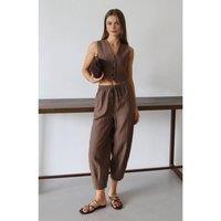 WOVCOR Women's V Neck Sleeveless Vest & Wide Leg Trousers Co-ord Set in Brown | Size: 10