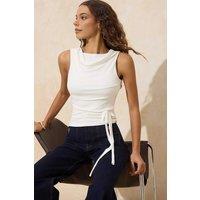 WOVCOR Women's Fitted Degaje Neck Ruffle Detail Soft Knit Blouse in Ecru | Size: XS
