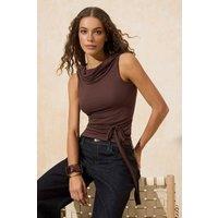 WOVCOR Women's Fitted Degaje Neck Ruffle Detail Soft Knit Blouse in Brown | Size: Medium
